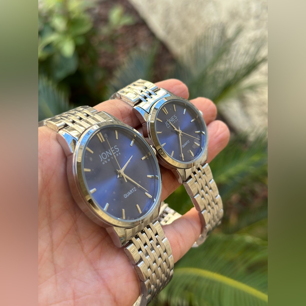 🆕 Jones New York His & Hers Watch Chrome Blue Face Bracelet Watch Gift Set - Picture 5 of 15